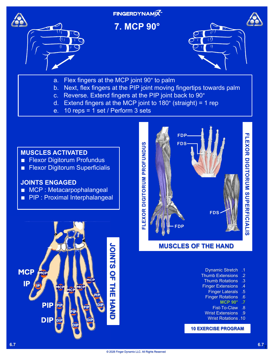MCP 90° exercise sheet — movements, sets, and muscles activated